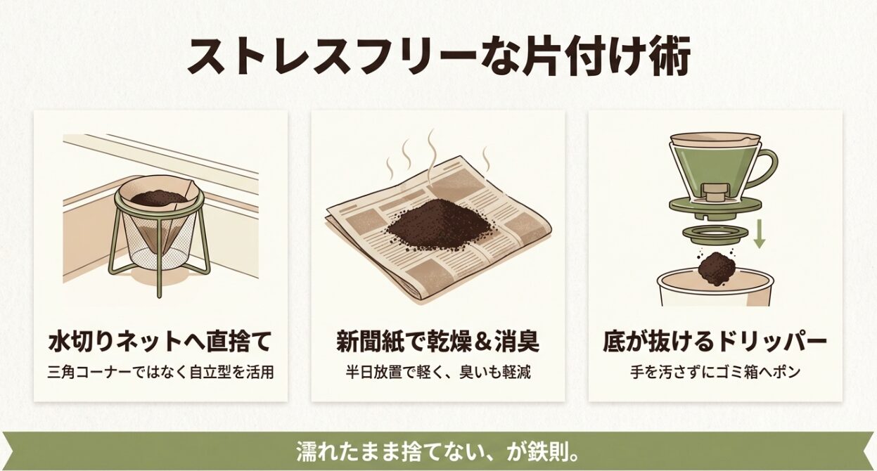 水切りネットへの直捨て、新聞紙での乾燥と消臭、底が抜けるドリッパーの活用など、コーヒーかすの処理を楽にする3つの方法のイラスト解説。