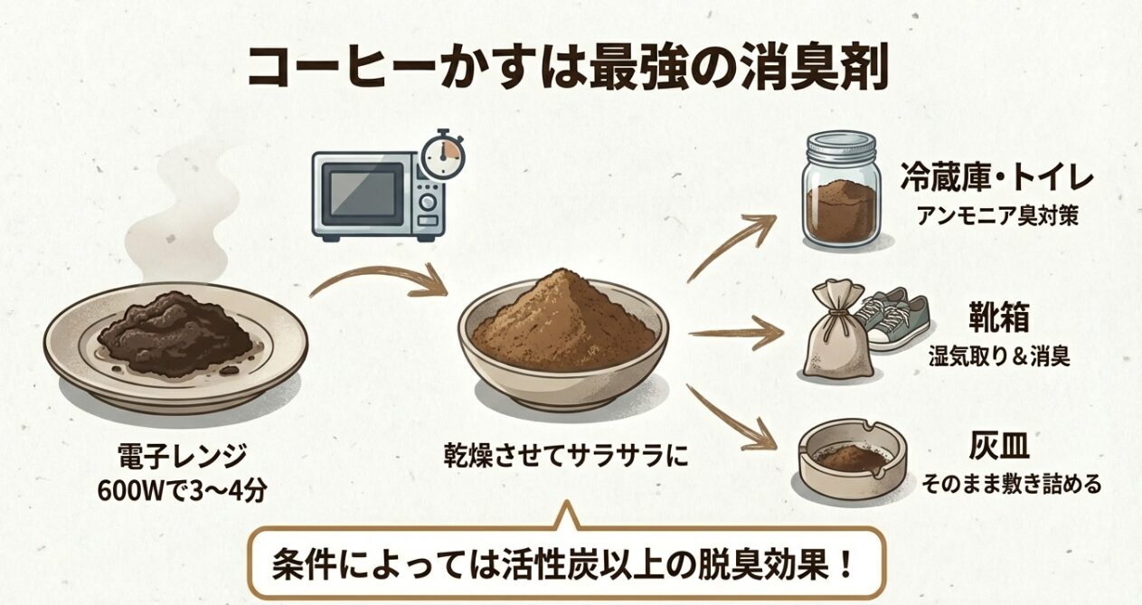 乾燥させたコーヒー粉、靴箱での消臭活用、灰皿への利用など、コーヒーかすを捨てずにリサイクルする方法を描いたイラスト。