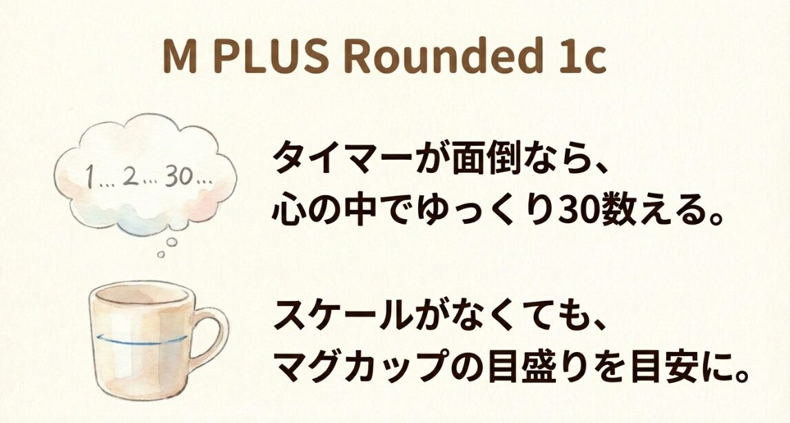 タイマーの代わりに心の中で30数える方法と、スケールの代わりにマグカップの目盛りを目安にする方法のイラスト