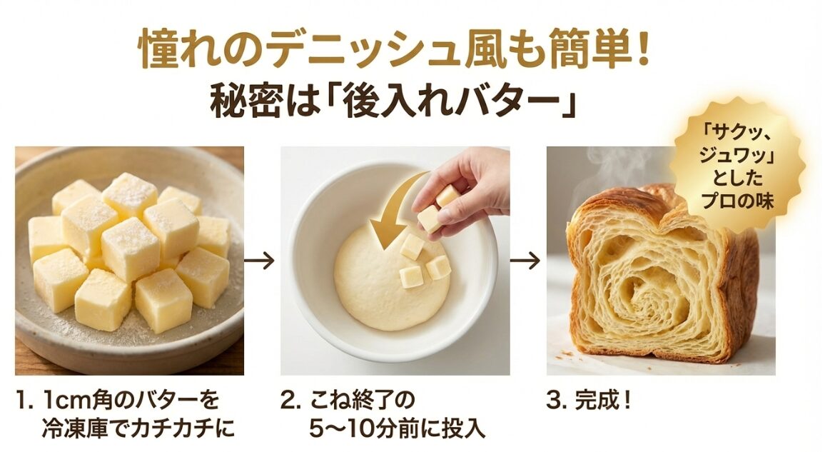 1cm角にカットして冷凍したバターをこね終了前に投入し、サクッジュワッとしたデニッシュ風を作るコツ