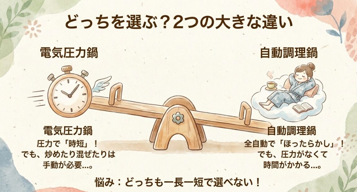 圧力による時短が得意な電気圧力鍋と、全自動のかき混ぜが得意な自動調理鍋のメリット・デメリット比較表