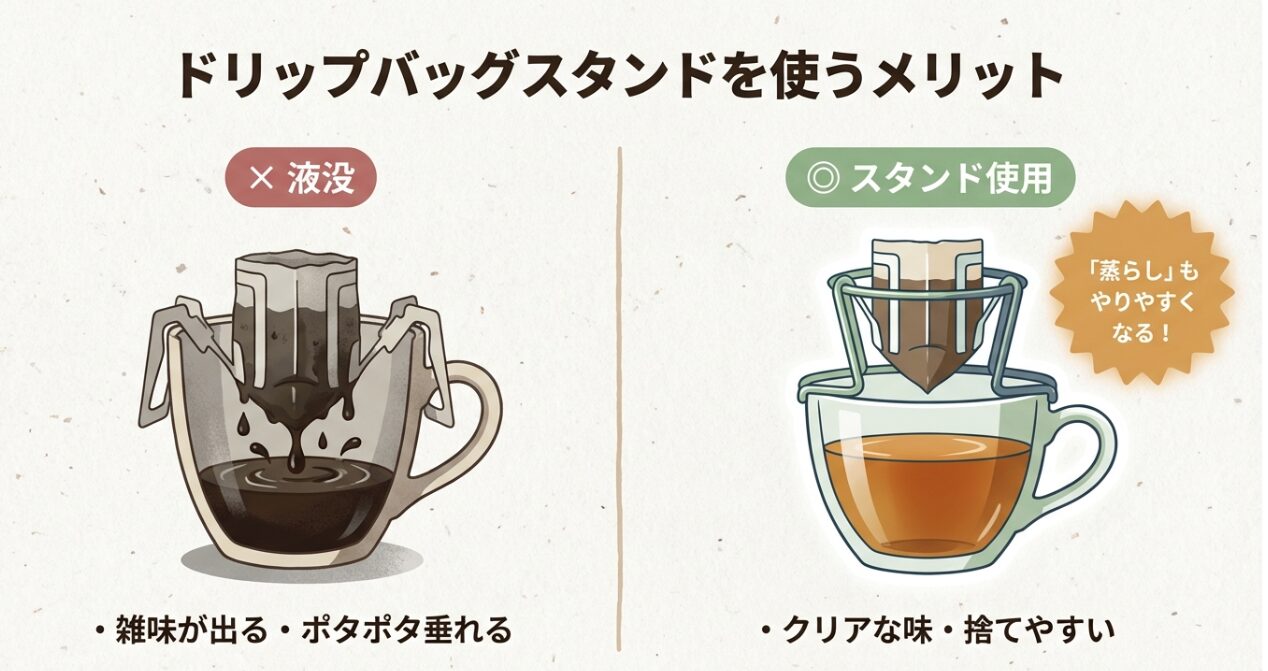 ドリップバッグがコーヒー液に浸かってしまう「液没」の悪い例と、スタンドを使用して蒸らしやすくクリアな味になる良い例の比較イラスト。