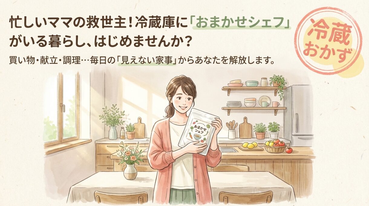 キッチンでFitDishのパウチを持つ笑顔の女性。冷蔵庫のおまかせシェフというキャッチコピー。