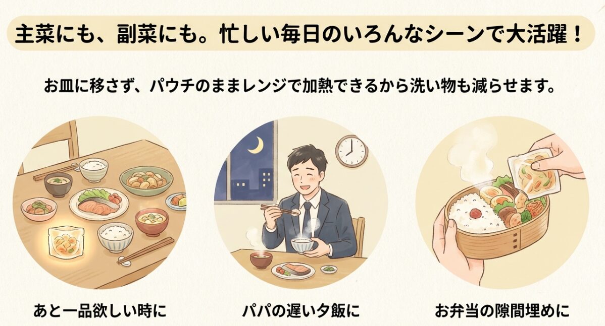 食卓に並ぶおかず、遅い夕食を食べる夫、お弁当の隙間埋めに使われるパウチのイラスト。
