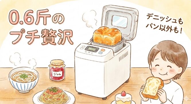 「0.6斤のプチ贅沢」「デニッシュもパン以外も！」という文字が入った水彩イラスト。パナソニックの0.6斤ホームベーカリーSD-CB1から焼きたてのデニッシュ風食パンが飛び出し、周囲には手作りのうどん、パスタ、いちごジャム、ショートケーキが並んでいる。笑顔の女性が焼きたてのパンを手に持っている様子。