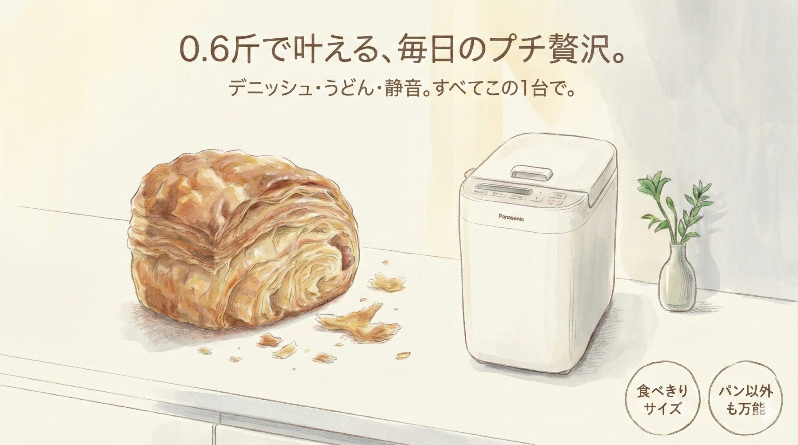 「0.6斤のプチ贅沢」「デニッシュもパン以外も!」という文字が入った水彩イラスト。パナソニックの0.6斤ホームベーカリーSD-CB1から焼きたてのデニッシュ風食パンが飛び出し、周囲には手作りのうどん、パスタ、いちごジャム、ショートケーキが並んでいる。笑顔の女性が焼きたてのパンを手に持っている様子。