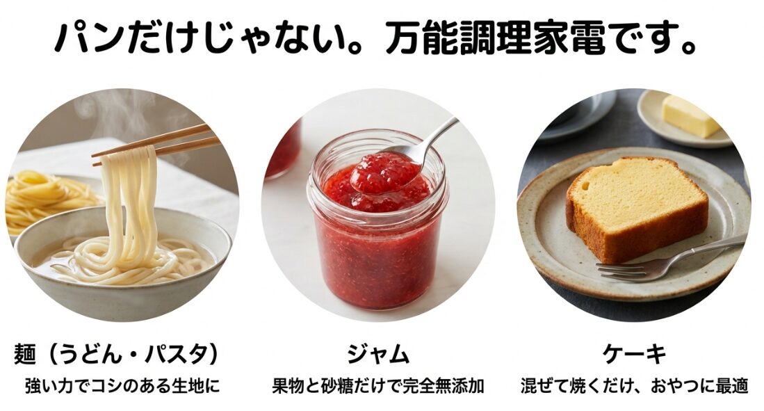 ホームベーカリーで作るコシのあるうどん・パスタ、無添加ジャム、混ぜて焼くだけのケーキ