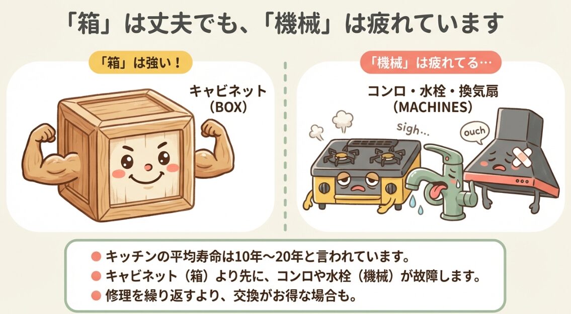 キャビネットなどの箱は丈夫でも、コンロや水栓などの機械類は先に故障しやすいことを説明するイラスト。