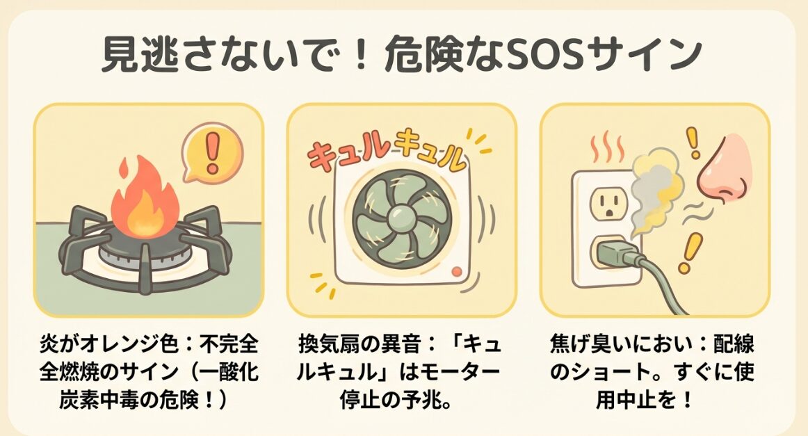 オレンジ色の炎、換気扇の異音、焦げ臭いにおいなど、放置すると危険なキッチンの故障サイン。