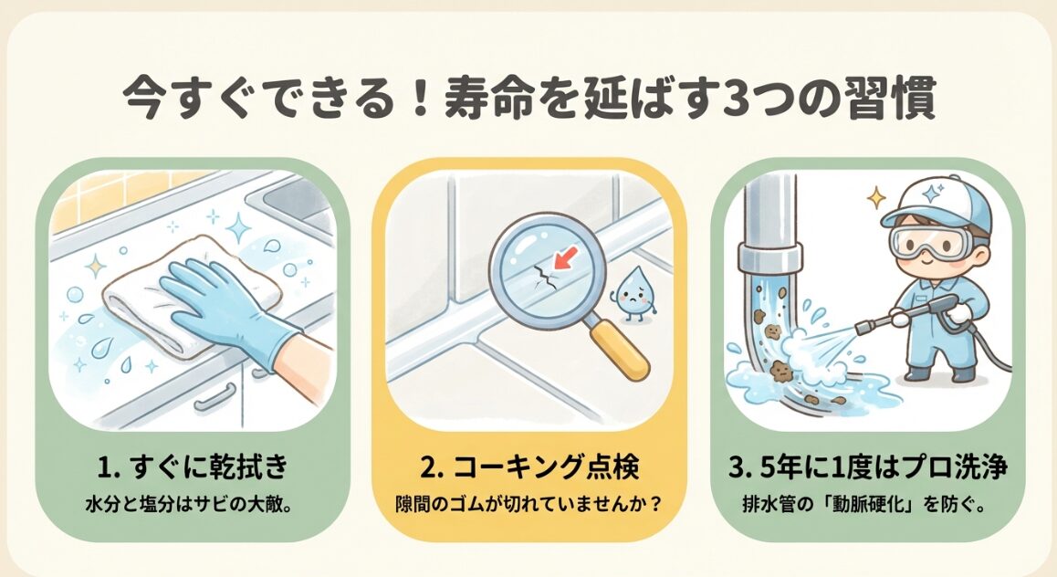水分の乾拭き、コーキングの点検、5年に1度のプロによる排水管洗浄の3つの習慣。