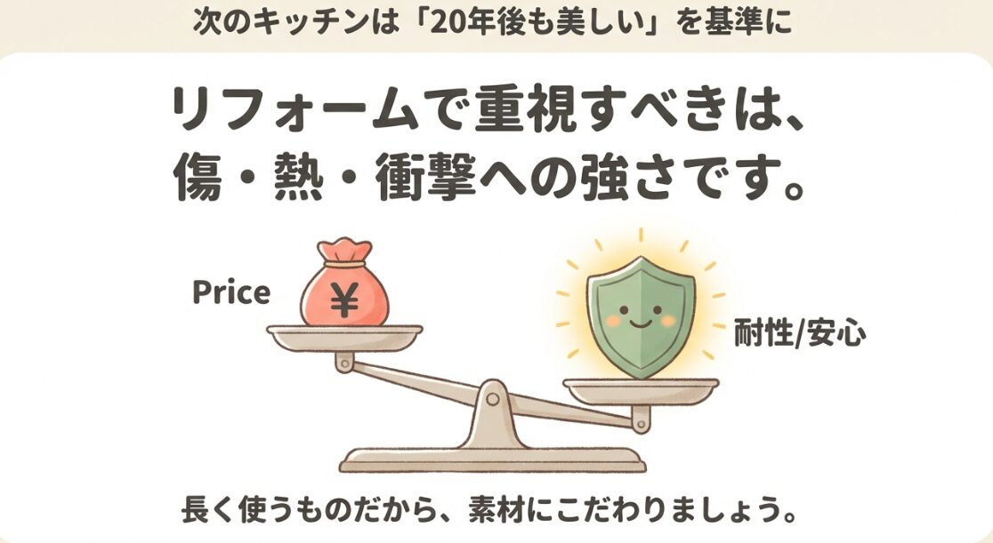 キッチンリフォームにおいて価格だけでなく、20年後も美しい耐性と安心感を重視すべきであることを示す天秤のイラスト。