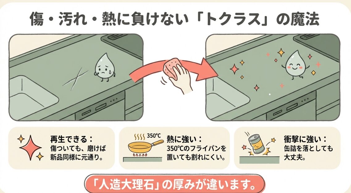 傷ついても磨けば元通りになる再生力と、350度の熱や衝撃にも強いトクラスキッチンの特徴。