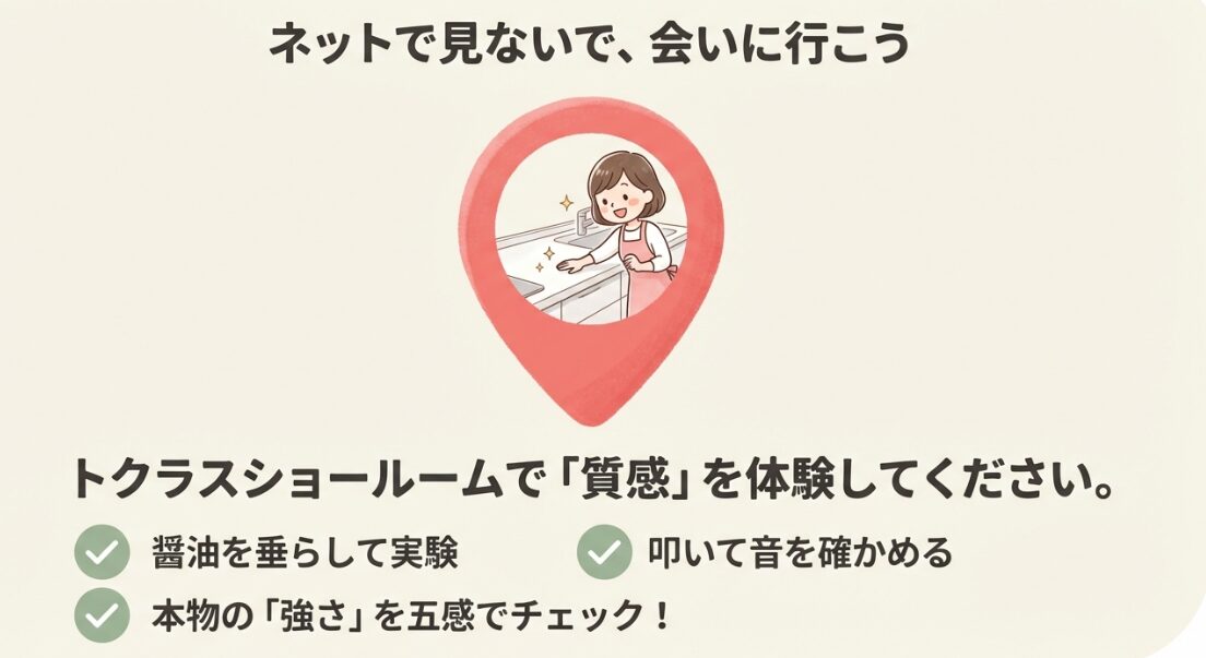 ネットの情報だけでなくショールームへ足を運び、醤油を垂らす実験などで本物の強さを体感することの推奨。