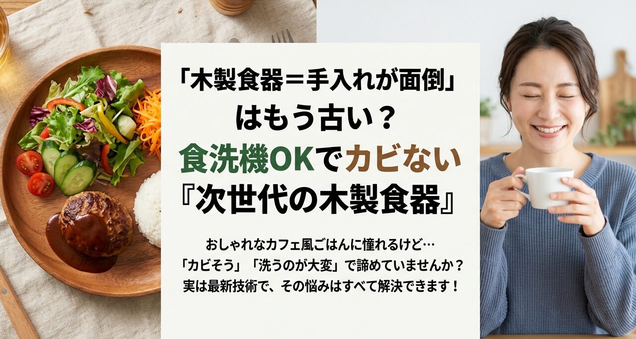 木製食器の手入れが面倒という常識を覆す、食洗機対応の次世代木製食器と料理のイメージ