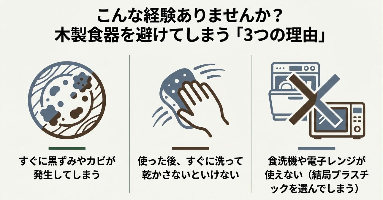 木製食器を使わない理由：黒ずみ・カビの発生、手洗いの手間、食洗機や電子レンジが使えないこと