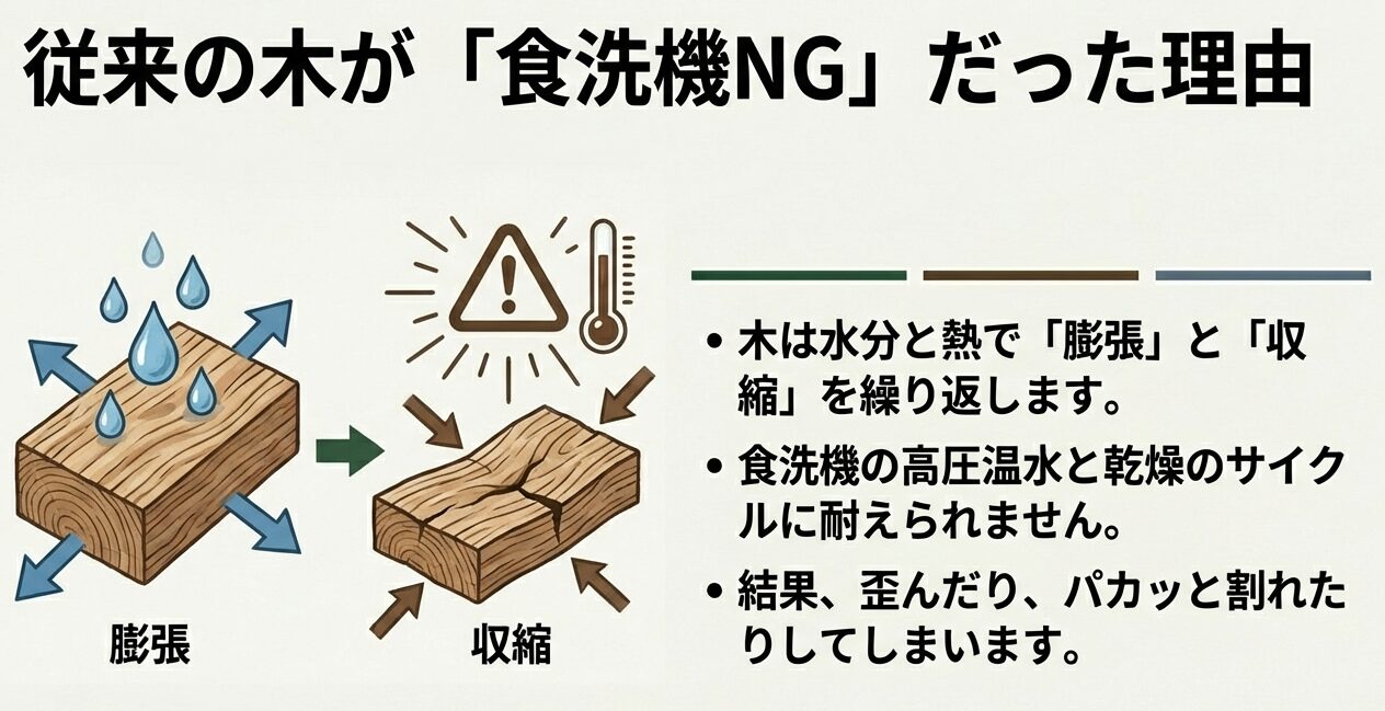 食洗機の高圧温水や乾燥にも耐える次世代木製食器、忙しい主婦の味方