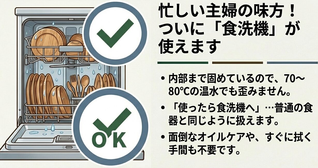 従来の木製食器が食洗機NGな理由は水分と熱による膨張と収縮を繰り返しひび割れするため