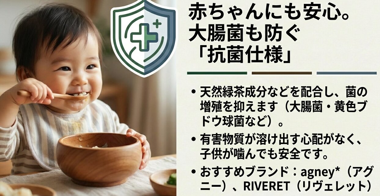 大腸菌の増殖も防ぐ抗菌仕様の木製食器、有害物質が出ず赤ちゃんが噛んでも安心